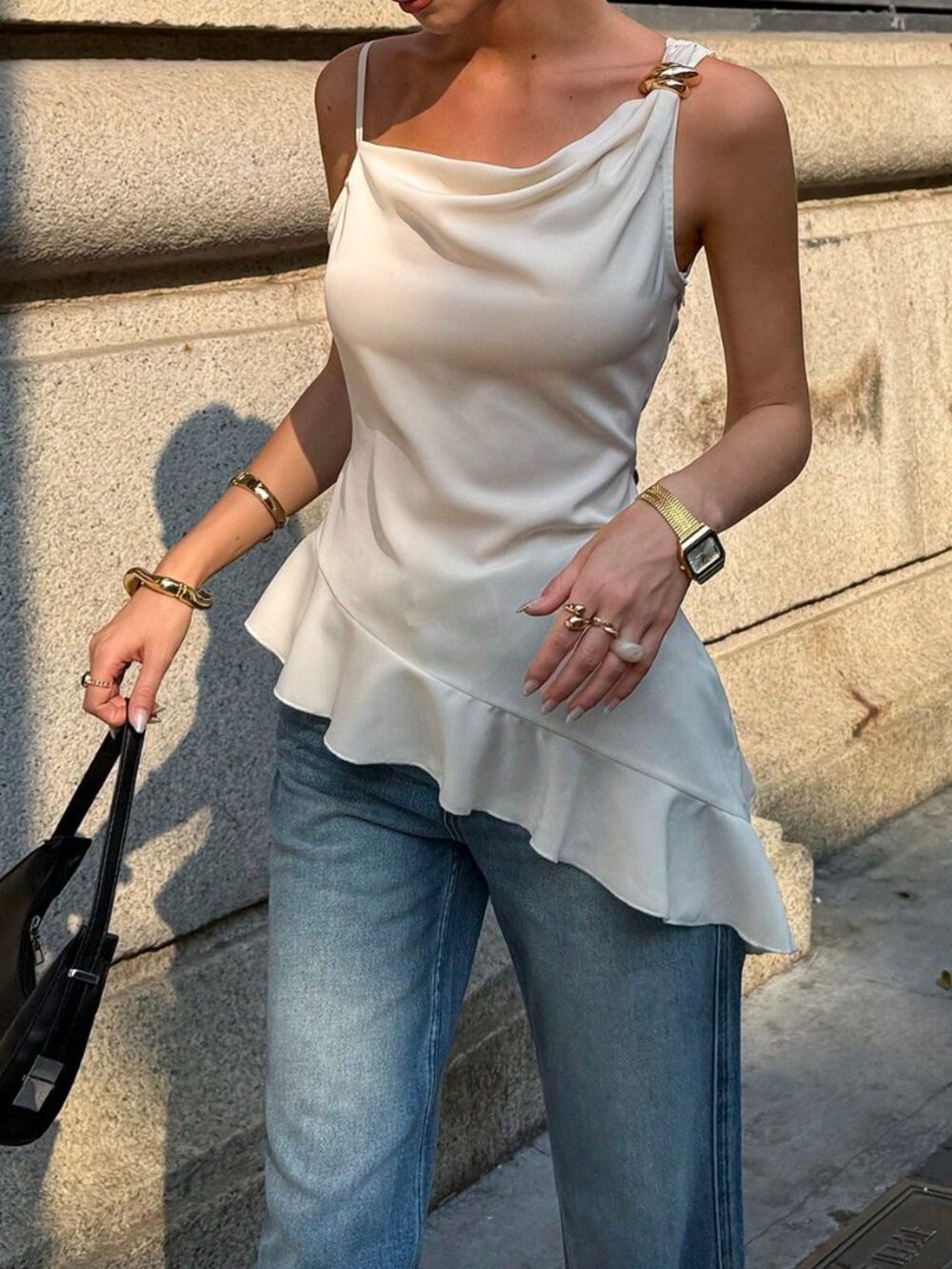 Apricot Casual Women's Asymmetrical Ruffle Hem Draped Neckline Cami Tank Top